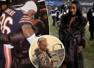 Simone Biles embraces Bears husband after playoff win vs. Packers