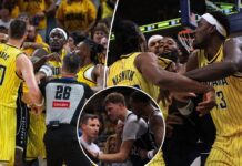 Pacers-Mavs get into heated scuffle after Cooper Flagg injures shoulder on flagrant foul